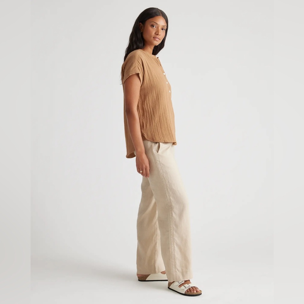 Quince 100% Organic Cotton Gauze Roll Sleeve Boho Office Shirt Toasted Coconut S - Picture 4 of 12